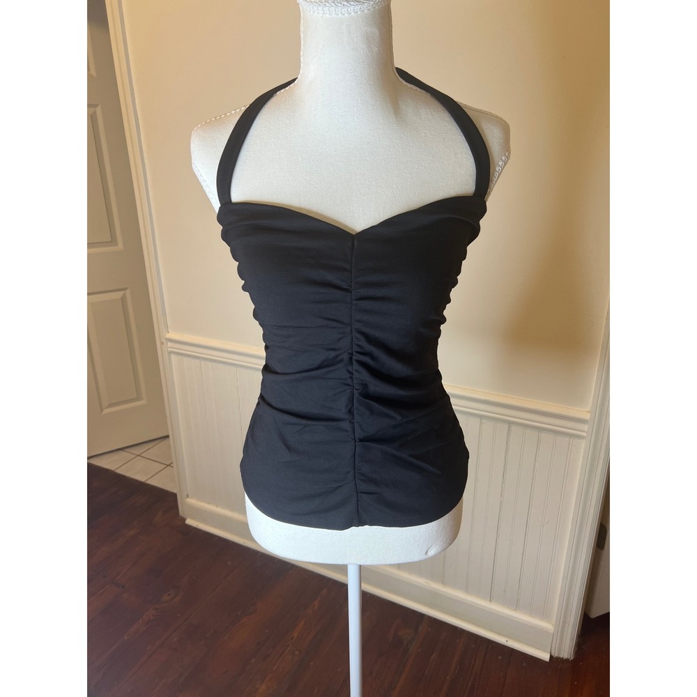 Lulus Black Ruched Halter Top Sweetheart Neckline Tie Back Sleeveless Blouse Med